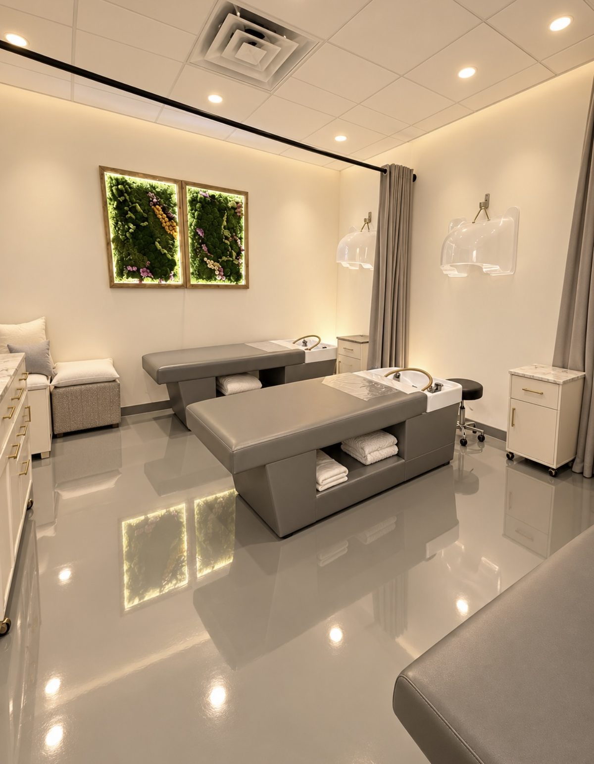 The head spa room: two grey head spa beds with white wash basins, a lit living-moss artwork on the wall, soft lighting and folded white towels.